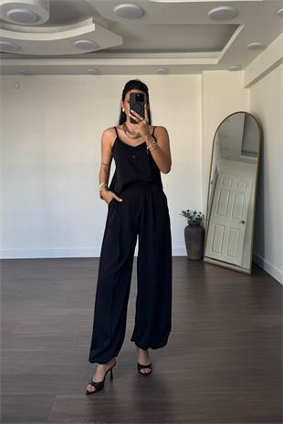 Askılı Bluz Şalvar Pantolon Takım-Siyah