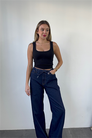 Bağcıklı Koyu Denim Pantolon