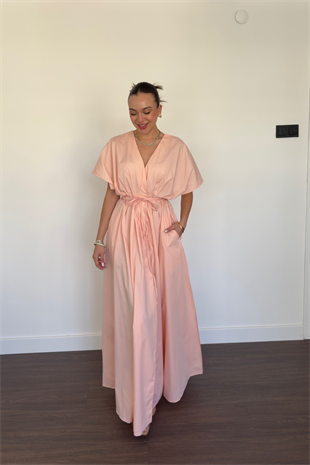 Bağlama Detaylı Düğmeli Elbise-Pembe