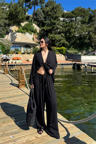 Bağlamalı Bluz Pantolon Takım-Siyah