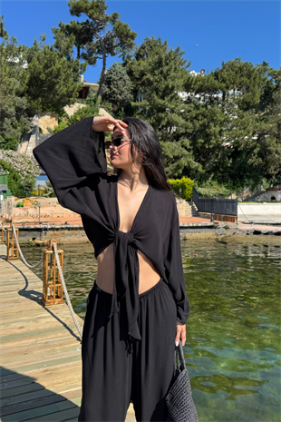 Bağlamalı Bluz Pantolon Takım-Siyah