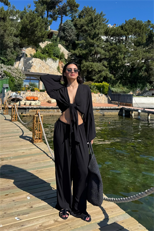Bağlamalı Bluz Pantolon Takım-Siyah
