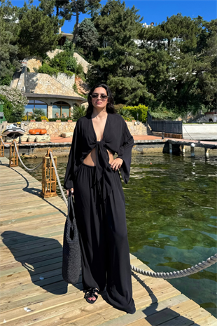 Bağlamalı Bluz Pantolon Takım-Siyah