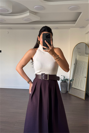 Balıkçı Yaka Kolsuz Bluz-Ekru