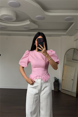 Balon Kol Dantel Detaylı Bluz-Pembe