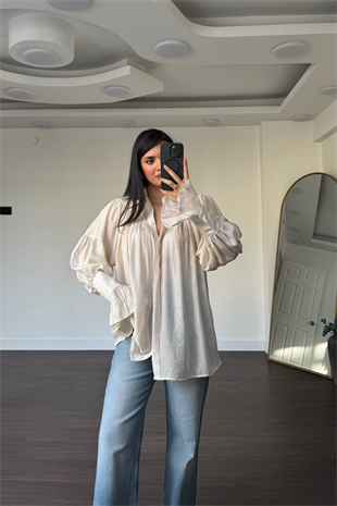 Balon Kol Oversize Gömlek-Ekru