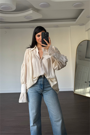 Balon Kol Oversize Gömlek-Ekru