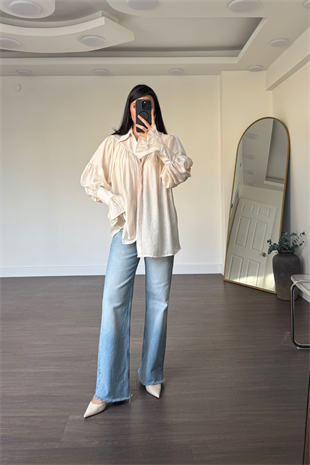 Balon Kol Oversize Gömlek-Ekru