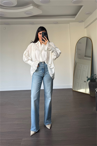 Balon Kollu Oversize Gömlek-Beyaz