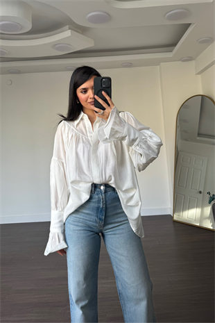 Balon Kollu Oversize Gömlek-Beyaz