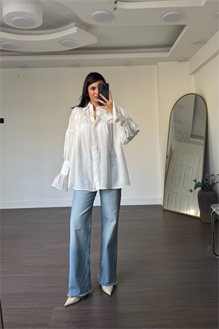 Balon Kollu Oversize Gömlek-Beyaz