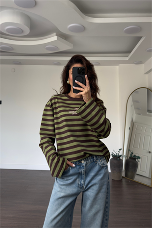 Basic Çizgili Sweat-Haki