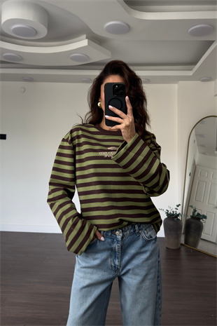 Basic Çizgili Sweat-Haki