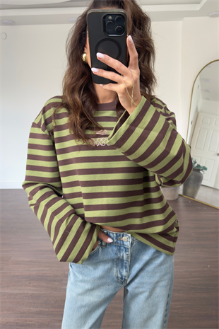 Basic Çizgili Sweat-Haki