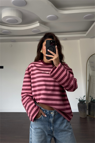 Basic Çizgili Sweat-Pembe