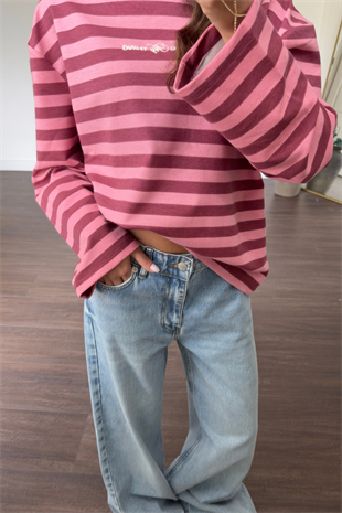Basic Çizgili Sweat-Pembe