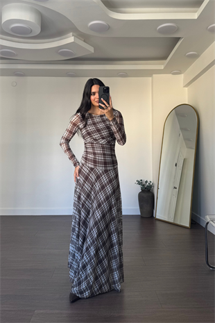 Baskılı Bel Drapeli Elbise-Kahve