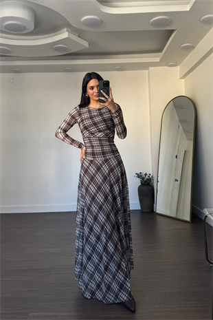 Baskılı Bel Drapeli Elbise-Kahve