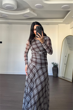 Baskılı Bel Drapeli Elbise-Kahve