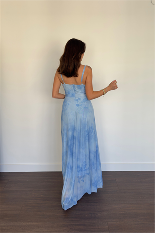 Batik Desen Askılı Elbise-Mavi