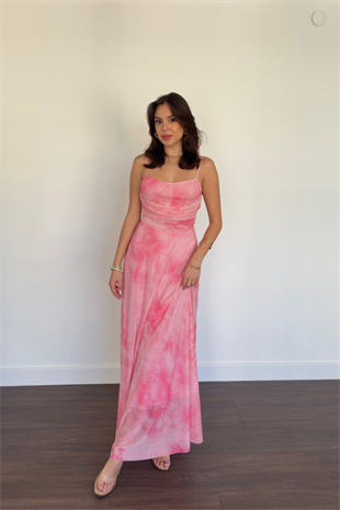 Batik Desen İp Askılı Elbise-Pembe