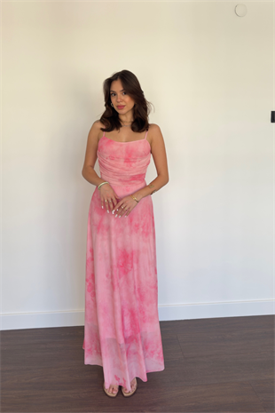 Batik Desen İp Askılı Elbise-Pembe