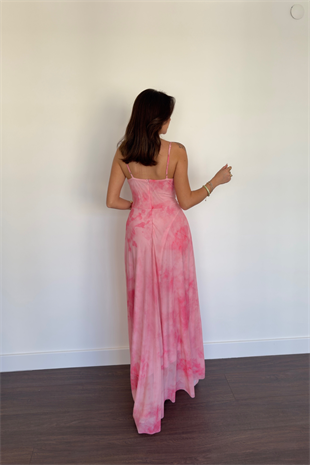 Batik Desen İp Askılı Elbise-Pembe