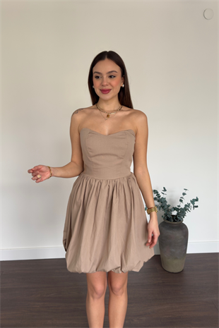 Bej Straplez Volanlı Elbise