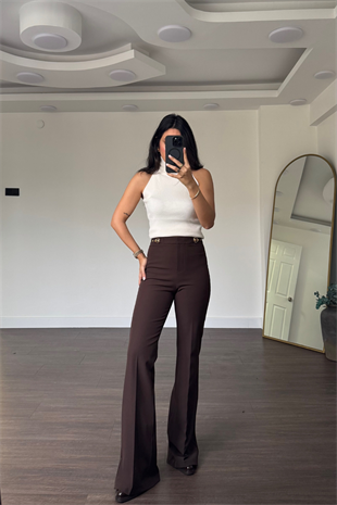 Bel Aksesuar Detaylı İspanyol Paça Pantolon-Kahve