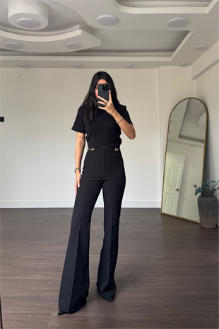 Bel Aksesuar Detaylı İspanyol Paça Pantolon-Siyah