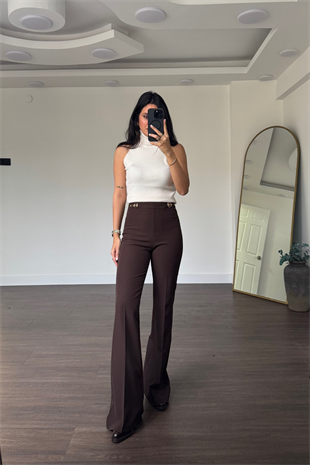 Bel Aksesuar Detaylı İspanyol Paça Pantolon-Kahve