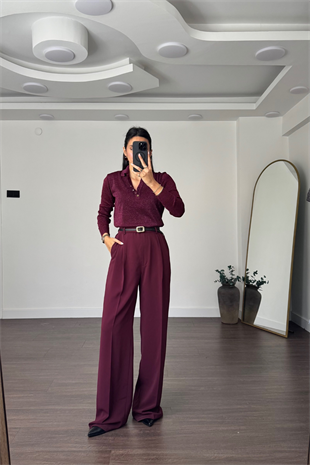 Bel Detaylı Pileli Pantolon-Bordo