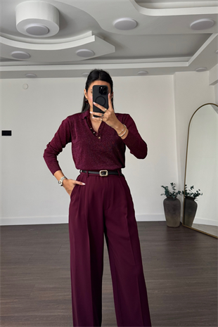 Bel Detaylı Pileli Pantolon-Bordo
