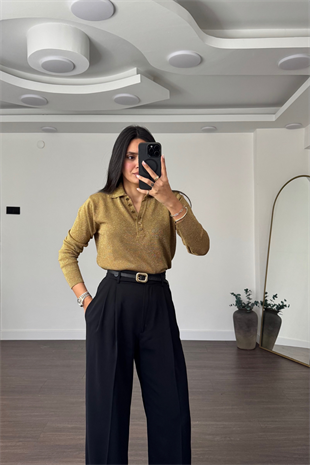 Bel Detaylı Pileli Pantolon-Siyah