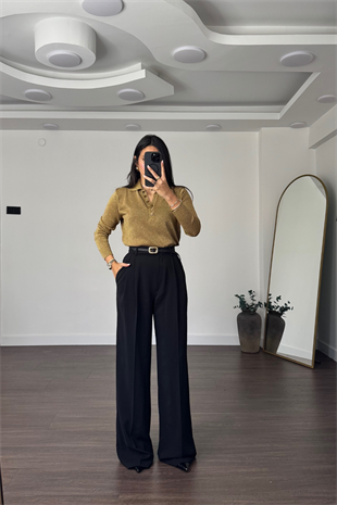 Bel Detaylı Pileli Pantolon-Siyah