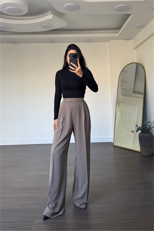 Bel Detaylı Pileli Pantolon-Vizon