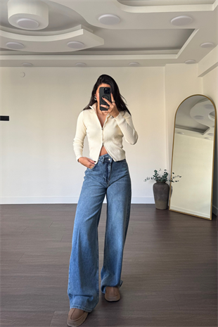Beli Asimetrik Düğmeli Wideleg Jean-Mavi