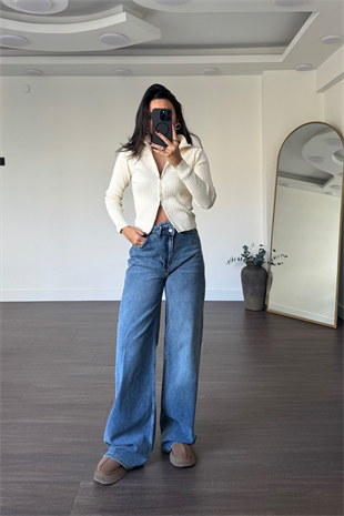 Beli Asimetrik Düğmeli Wideleg Jean-Mavi