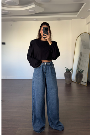 Beli Lastikli Dökümlü Kumaş Jean-Mavi