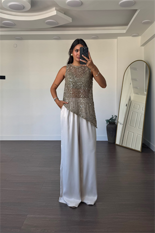 Beli Lastikli Saten Pantolon-Bej