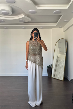 Beli Lastikli Saten Pantolon-Bej