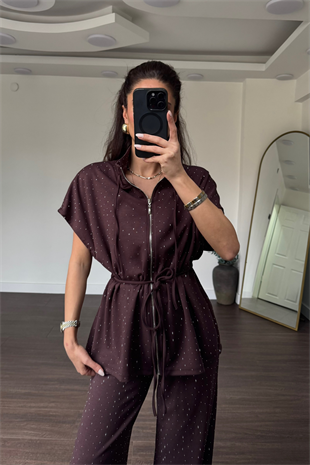 Beli Lastikli Yelek Pantolon Taşlı Modal Takım-Kahve