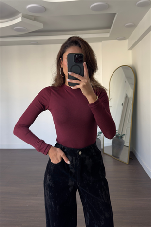 Bisiklet Yaka Basic Bluz-Bordo
