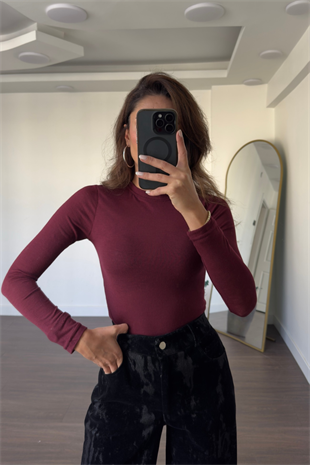 Bisiklet Yaka Basic Bluz-Bordo