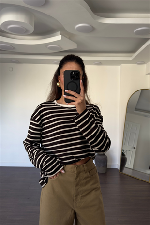 Bisiklet Yaka Çizgili Tshirt-Kahve