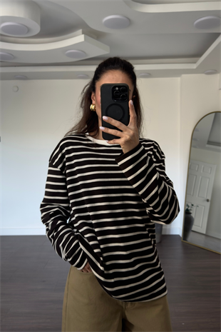 Bisiklet Yaka Çizgili Tshirt-Kahve