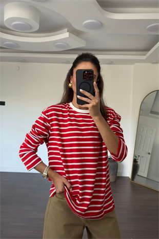 Bisiklet Yaka Çizgili Tshirt-Kırmızı