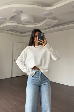 Bisiklet Yaka Uzun Kol T-shirt-Beyaz