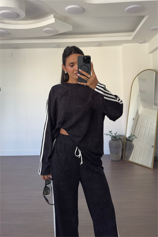 Biyeli Bisiklet Yaka Sweat Pantolon Takım-Siyah
