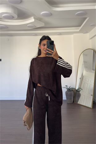 Biyeli Bisiklet Yaka Sweat Pantolon Takım-Kahve